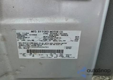 2005 Ford F150 из США, поврежденный, VIN 1FTRF12255NA56701